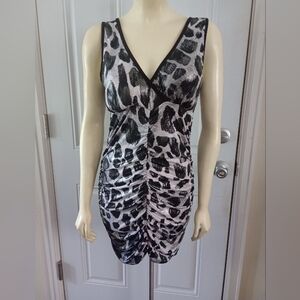 Cemi Ceri Leopard Black SILVER Mini Dress Tunic Vneck Sz MEDIUM